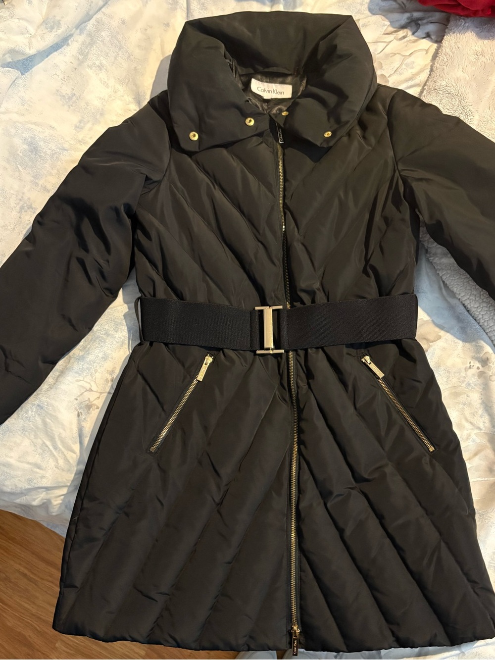 Women’s Black and Gold Belted Puffer Coat - Quilted Winter Jacket